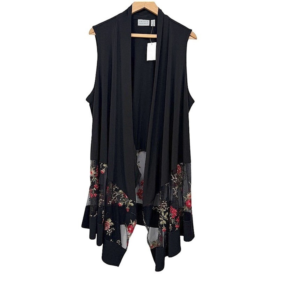 Susan Graver Embroidered Mesh Hem Vest Whimsigoth Floral Layering Piece Size 1X